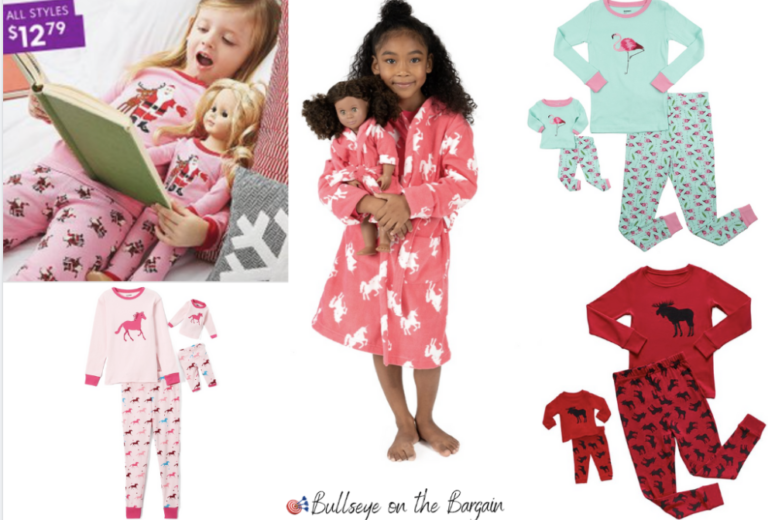 Girls pajamas with matching doll pair