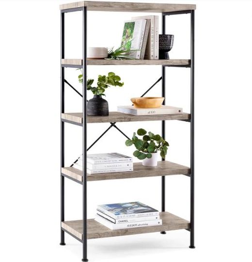 5-Tier Industrial Bookshelf w/ Metal Frame Wood Shelves
