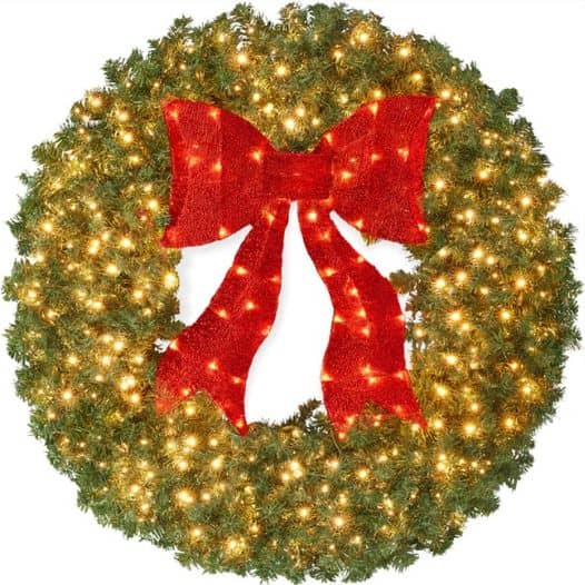 Pre-Lit Artificial Fir Christmas Wreath w/ Red Bow and LED Lights