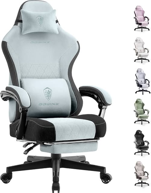 This Fabric Gaming Chair with massage, lumbar support & footrest is 50% off