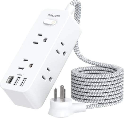 Power strip surge protector with right-angle plug.