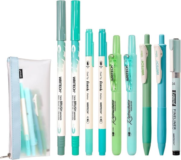 This blue-themed pen set comes with a fineliner,