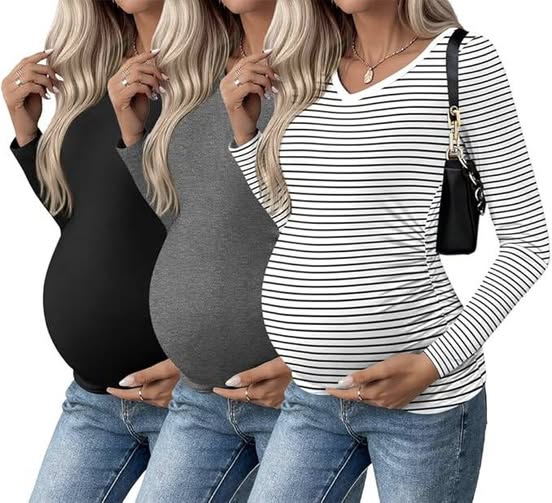 This 3 pack of maternity tops is stretchy and flattering with side ruching