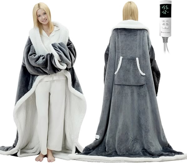 This wearable heated blanket keeps you warm while you move around