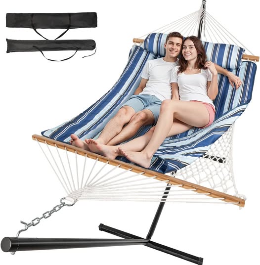 This 2 person hammock comes with a stand and is perfect for relaxing outside.