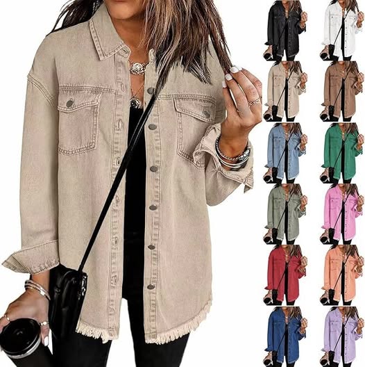Oversized denim jacket for women Distressed style with frayed hem.