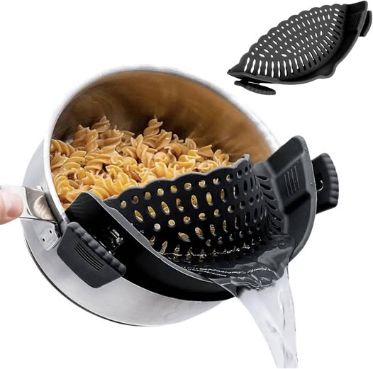 Clip-on silicone strainer fits right on pots and pans….LOVE MINE!!!!!