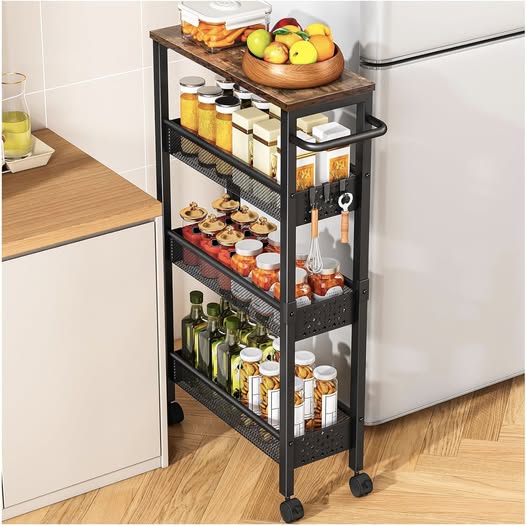 This 4-tier slim rolling storage cart with a wood top is 50% off