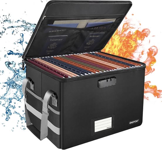 This fireproof file box keeps important documents safe and organized.