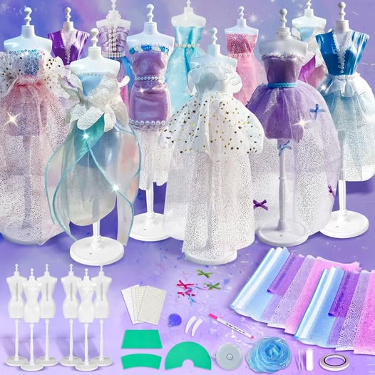 This DIY fashion design kit lets kids create their own outfits with fabrics, ribbons, rhinestones, and 6 mini mannequins.