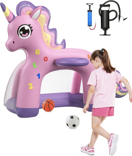 Inflatable unicorn 2-in-1 basketball hoop & soccer goal