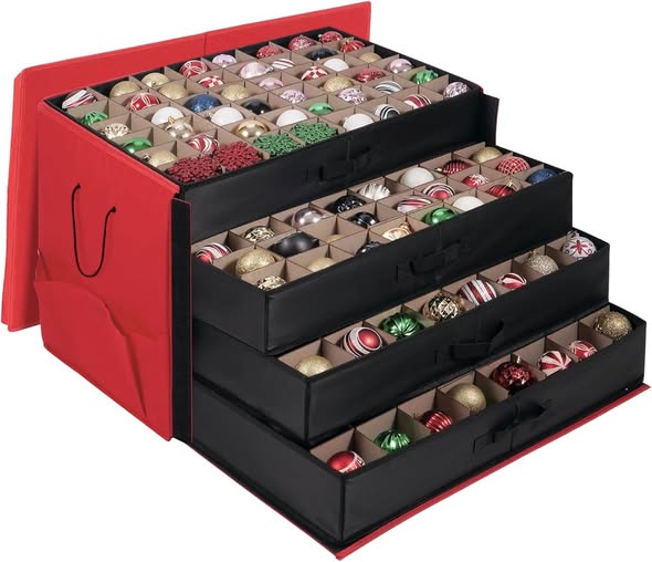 Christmas ornament storage box keeps ornaments organized and dust-free.